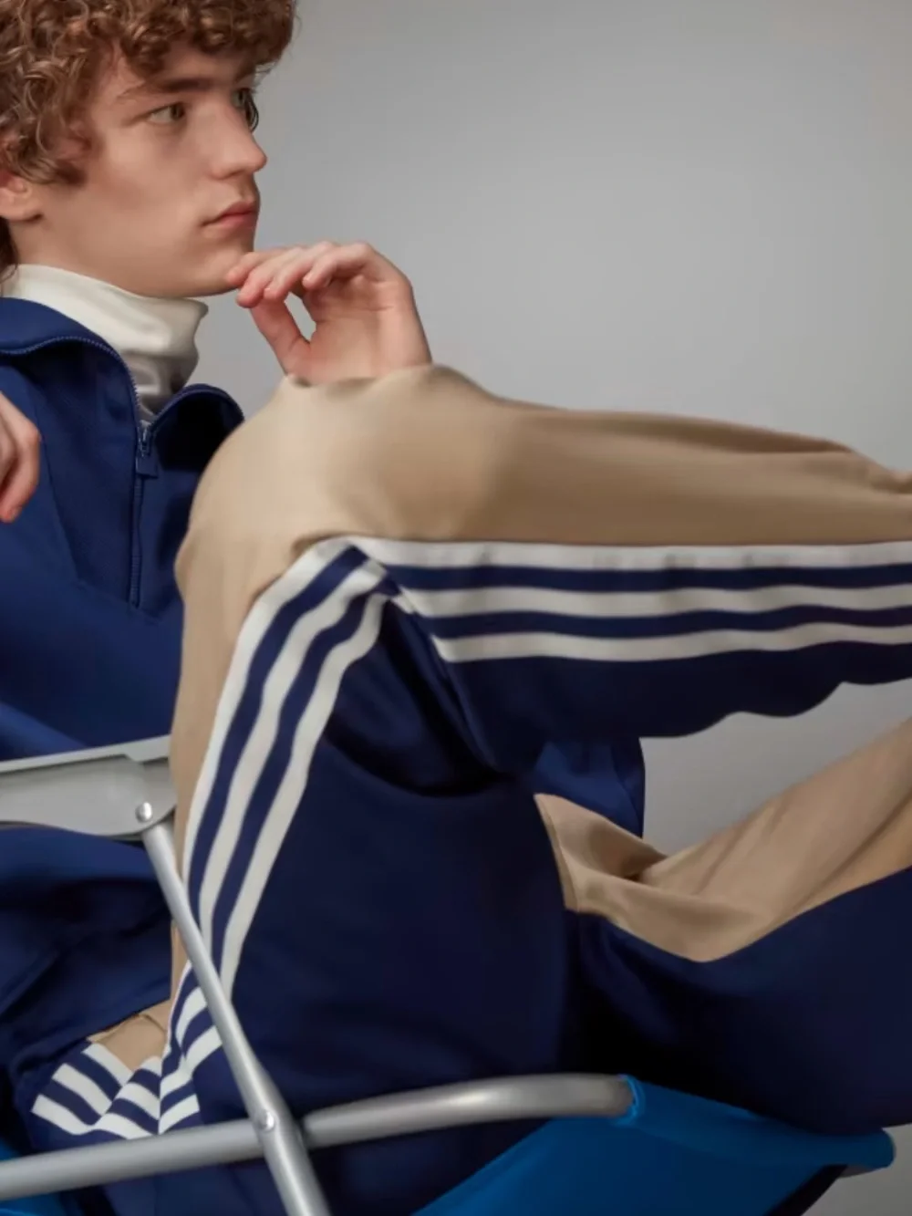 adidas Khaki Joggers with Navy Side Panels and White Stripes